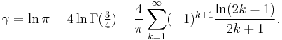  \gamma = \ln\pi - 4\ln\Gamma(\tfrac34) %2B \frac4{\pi}\sum_{k=1}^{\infty}(-1)^{k%2B1}\frac{\ln(2k%2B1)}{2k%2B1}.