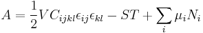 A = \frac{1}{2}VC_{ijkl}\epsilon_{ij}\epsilon_{kl} - ST %2B \sum_i \mu_i N_i\,