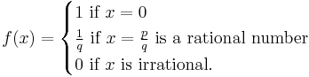 f(x)=\begin{cases}
1   \mbox{ if }x=0\\
\frac{1}{q}\mbox{ if }x=\frac{p}{q}\mbox{ is a rational number}\\
  0\mbox{ if }x\mbox{ is irrational}.
\end{cases}