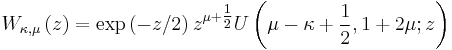 W_{\kappa,\mu}\left(z\right) = \exp\left(-z/2\right)z^{\mu%2B\tfrac{1}{2}}U\left(\mu-\kappa%2B\frac{1}{2}, 1%2B2\mu; z\right)