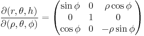 
\frac{\partial(r, \theta, h)}{\partial(\rho, \theta, \phi)} =
\begin{pmatrix}
\sin\phi & 0 & \rho\cos\phi  \\
0        & 1 &   0           \\
\cos\phi & 0 & -\rho\sin\phi
\end{pmatrix}
