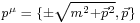 \scriptstyle p^\mu \;=\; \{\pm\sqrt{m^2%2B\vec{p}^2},\, \vec{p}\}