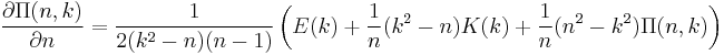 \frac{\partial\Pi(n,k)}{\partial n}=
\frac{1}{2(k^2-n)(n-1)}\left(E(k)%2B\frac{1}{n}(k^2-n)K(k)%2B\frac{1}{n}(n^2-k^2)\Pi(n,k)\right)