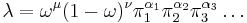 \lambda = \omega^\mu(1-\omega)^\nu\pi_1^{\alpha_1}\pi_2^{\alpha_2}\pi_3^{\alpha_3} \dots