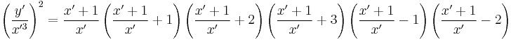 \left(\frac{y'}{x'^3 }\right)^2=\frac {x'%2B1}{x'} \left(\frac {x'%2B1}{x'}%2B1\right)\left(\frac {x'%2B1}{x'}%2B2\right)\left(\frac {x'%2B1}{x'}%2B3\right)\left(\frac {x'%2B1}{x'}-1\right)\left(\frac {x'%2B1}{x'}-2\right)