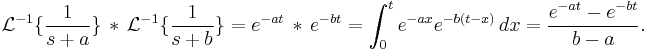  \mathcal{L}^{-1} \{  \frac{1}{s%2Ba} \} \, * \, \mathcal{L}^{-1} \{  \frac{1}{s%2Bb} \} = e^{-at} \, * \, e^{-bt} = \int_0^t e^{-ax}e^{-b(t-x)} \, dx = \frac{e^{-a t}-e^{-b t}}{b-a}.