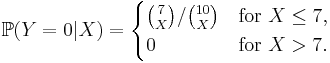  \mathbb{P} (Y=0|X) = \begin{cases}
 \binom 7 X / \binom{10}X &\text{for } X \le 7,\\
 0 &\text{for } X > 7.
\end{cases} 