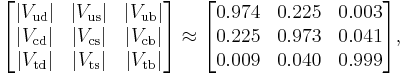 |V_ud| ≅ 0.974; |V_us| ≅ 0.225; |V_ub| ≅ 0.003; |V_cd| ≅ 0.225; |V_cs| ≅ 0.973; |V_cb| ≅ 0.041; |V_td| ≅ 0.009; |V_ts| ≅ 0.040; |V_tb| ≅ 0.999.