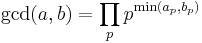 \gcd(a,b) = \prod_p p^{\min(a_p, b_p)}\;