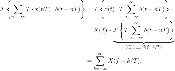 
\begin{align}
\mathcal{F}\left \{\sum_{n=-\infty}^{\infty} T\cdot x(nT) \cdot \delta(t-nT)\right \}
&=\mathcal{F}\left \{x(t)\cdot T \sum_{n=-\infty}^{\infty} \delta(t-nT)\right \}\\
&= X(f) * \underbrace{\mathcal{F}\left \{T \sum_{n=-\infty}^{\infty} \delta(t-nT)\right \}}_{\sum_{k=-\infty}^{\infty} \delta (f - k/T)}\\
&= \sum_{k=-\infty}^{\infty} X(f - k/T).
\end{align}
