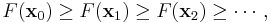 F(\mathbf{x}_0)\ge F(\mathbf{x}_1)\ge F(\mathbf{x}_2)\ge \cdots,