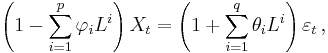  \left(1 - \sum_{i=1}^p \varphi_i L^i\right) X_t = \left(1 %2B \sum_{i=1}^q \theta_i L^i\right) \varepsilon_t \, ,