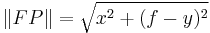  \| FP \| = \sqrt{ x^2 %2B (f - y)^2 }\,\!