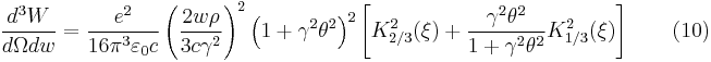 \frac{d^3 W}{d\Omega  dw}=\frac{e^2}{16\pi^3\varepsilon_0 c}
\left ( \frac{2w\rho}{3c\gamma^2} \right )^2
\left ( 1%2B\gamma^2 \theta^2 \right )^2
\left [ K_{2/3}^2(\xi ) %2B \frac{\gamma^2 \theta^2}{1%2B\gamma^2 \theta^2}K_{1/3}^2(\xi)\right ]\qquad (10)
