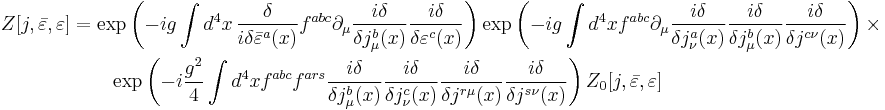 
\begin{align}
Z[j,\bar\varepsilon,\varepsilon] & = \exp\left(-ig\int d^4x \, \frac{\delta}{i\delta\bar\varepsilon^a(x)} f^{abc}\partial_\mu\frac{i\delta}{\delta j^b_\mu(x)} \frac{i\delta}{\delta\varepsilon^c(x)}\right) \exp\left(-ig\int d^4xf^{abc}\partial_\mu\frac{i\delta}{\delta j^a_\nu(x)}\frac{i\delta}{\delta j^b_\mu(x)}\frac{i\delta}{\delta j^{c\nu}(x)}\right)\times \\
& {} \qquad \exp\left(-i\frac{g^2}{4}\int d^4xf^{abc}f^{ars}\frac{i\delta}{\delta j^b_\mu(x)} \frac{i\delta}{\delta j^c_\nu(x)} \frac{i\delta}{\delta j^{r\mu}(x)} \frac{i\delta}{\delta j^{s\nu}(x)}\right)Z_0[j,\bar\varepsilon,\varepsilon]
\end{align}
