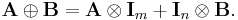  \mathbf{A} \oplus \mathbf{B} = \mathbf{A} \otimes \mathbf{I}_m %2B \mathbf{I}_n \otimes \mathbf{B}. 