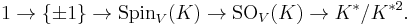  1 \to \{\pm 1\} \to \mbox{Spin}_V(K) \to \mbox{SO}_V(K) \to K^*/K^{*2}.\,