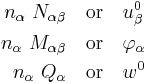 
   \begin{align}
      n_\alpha~N_{\alpha\beta} & \quad \mathrm{or} \quad u^0_\beta \\
      n_\alpha~M_{\alpha\beta} & \quad \mathrm{or} \quad \varphi_\alpha \\
      n_\alpha~Q_\alpha & \quad \mathrm{or} \quad w^0
   \end{align}
