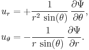 
  \begin{align}
  u_r      &= %2B \frac{1}{r^2\, \sin(\theta)}\, \frac{\partial \Psi}{\partial \theta},
  \\
  u_\theta &= - \frac{1}{r\, \sin(\theta)}\, \frac{\partial \Psi}{\partial r}.
  \end{align}
