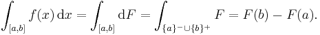 \int_{[a, b]} f(x)\,\mathrm{d}x = \int_{[a, b]} \mathrm{d}F = \int_{\{a\}^- \cup \{b\}^%2B} F = F(b) - F(a).