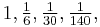 1, \begin{matrix} \frac{1}{6} \end{matrix}, \begin{matrix} \frac{1}{30} \end{matrix}, \begin{matrix} \frac{1}{140} \end{matrix},