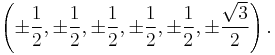 \left(\pm{1\over 2},\pm{1\over 2},\pm{1\over 2},\pm{1\over 2},\pm{1\over 2},\pm{\sqrt{3}\over 2}\right).