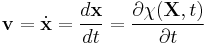 \ \mathbf v = \dot{\mathbf x} =\frac{d\mathbf x}{dt}=\frac{\partial \chi(\mathbf X,t)}{\partial t} 