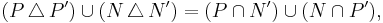 (P\,\triangle\,P')\cup (N\,\triangle\,N')=(P\cap N')\cup(N\cap P'),