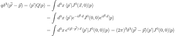 
\begin{align}
q\delta^3(\vec{p'}-\vec{p}) =\langle p'|Q|p\rangle &= \int d^3x\, \langle p'|J^0(\vec{x},0)|p\rangle \\
& =\int d^3x\, \langle p'|e^{-i\vec{P}\cdot\vec{x}}J^0(0,0)e^{i\vec{P}\cdot\vec{x}}|p\rangle \\
& =\int d^3x\, e^{i(\vec{p}-\vec{p'})\cdot \vec{x}} \langle p'|J^0(0,0)|p\rangle = (2\pi)^3\delta^3(\vec{p'}-\vec{p})\langle p'|J^0(0,0)|p\rangle
\end{align}
