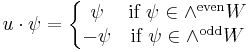  u\cdot \psi = \left\{\begin{matrix}
\psi&\hbox{if } \psi\in \wedge^{\mathrm{even}} W\\
-\psi&\hbox{if } \psi\in \wedge^{\mathrm{odd}} W
\end{matrix}\right.