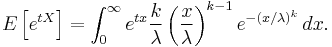 E\left[e^{tX}\right] = \int_0^\infty e^{tx} \frac{k}{\lambda}\left(\frac{x}{\lambda}\right)^{k-1}e^{-(x/\lambda)^k}\,dx.