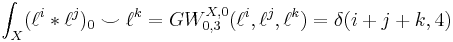 \int_X (\ell^i * \ell^j)_0 \smile \ell^k = GW_{0, 3}^{X, 0}(\ell^i, \ell^j, \ell^k) = \delta(i %2B j %2B k,4)