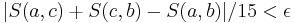 |S(a,c) %2B S(c,b) - S(a,b)|/15 < \epsilon \,