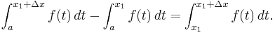 \int_{a}^{x_1 %2B \Delta x} f(t) \,dt - \int_{a}^{x_1} f(t) \,dt = \int_{x_1}^{x_1 %2B \Delta x} f(t) \,dt. 