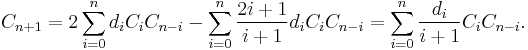 C_{n%2B1} = 2 \sum_{i=0}^n d_i C_i C_{n-i} - \sum_{i=0}^n \frac{2i%2B1}{i%2B1} d_i C_i C_{n-i} = \sum_{i=0}^n \frac{d_i}{i%2B1} C_i C_{n-i}.