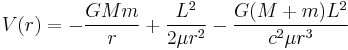 
V(r) = -\frac{GMm}{r} %2B \frac{ L^2 }{ 2 \mu r^2 } - \frac{ G(M%2Bm) L^2 }{ c^2 \mu r^3 }
