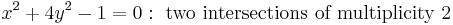 x^2%2B4y^2-1=0:\ \hbox{two intersections of multiplicity 2}