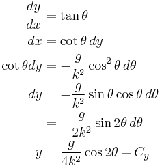 
\begin{align}
\frac{dy}{dx} & = \tan \theta \\
 dx  & = \cot \theta \, dy \\
\cot \theta dy & = - \frac{g}{k^2} \cos^2 \theta \,d\theta \\
dy & = - \frac{g}{k^2} \sin \theta \cos \theta \,d\theta \\
   & = - \frac{g}{2k^2} \sin 2 \theta \,d\theta  \\
 y & = \frac{g}{4k^2} \cos 2 \theta %2B C_y
\end{align}
