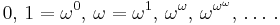 0, \, 1=\omega^0, \, \omega=\omega^1, \, \omega^\omega, \, \omega^{\omega^\omega}, \, \ldots \,.