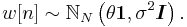 w[n] \sim \mathbb{N}_N \left(\theta {\boldsymbol 1}, \sigma^2 {\boldsymbol I} \right).