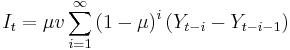 I_{t}=\mu v\sum_{i=1}^{\infty}\left(1-\mu\right)^{i}\left(Y_{t-i}-Y_{t-i-1}\right)