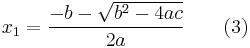 \begin{alignat}{3}
& x_1   && = \frac{-b - \sqrt{b^2 - 4ac}}{2a}                \qquad & \text{(3)} \\
\end{alignat}