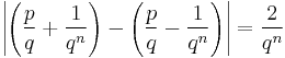 \left|\left(\frac{p}{q}%2B\frac{1}{q^n}\right)-\left(\frac{p}{q}-\frac{1}{q^n}\right)\right|=\frac{2}{q^n}