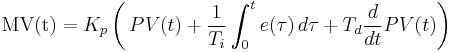 \mathrm{MV(t)}=K_p\left(\,{PV(t)} %2B \frac{1}{T_i}\int_{0}^{t}{e(\tau)}\,{d\tau} %2B T_d\frac{d}{dt}PV(t)\right)