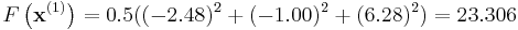 
F \left(\mathbf{x}^{(1)}\right) = 0.5((-2.48)^2 %2B (-1.00)^2 %2B (6.28)^2) = 23.306