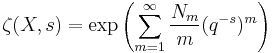 \zeta(X, s) = \exp\left(\sum_{m = 1}^\infty \frac{N_m}{m} (q^{-s})^m\right)