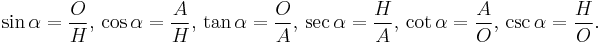 \sin\alpha =\frac {O}{H},\,\cos\alpha =\frac {A}{H},\,\tan\alpha =\frac {O}{A},\,\sec\alpha =\frac {H}{A},\,\cot\alpha =\frac {A}{O},\,\csc\alpha =\frac {H}{O}.