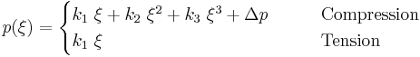 
   p(\xi) = \begin{cases}
            k_1~\xi %2B k_2~\xi^2 %2B k_3~\xi^3 %2B \Delta p & \qquad \text{Compression} \\
            k_1~\xi  & \qquad \text{Tension}
            \end{cases}
 