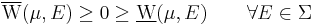 \overline{\mathrm{W}}(\mu,E)\geq 0\geq \underline{\mathrm{W}}(\mu,E)\qquad\forall E\in\Sigma