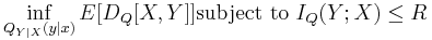 \inf_{Q_{Y|X}(y|x)} E[D_Q[X,Y]] \mbox{subject to}\ I_Q(Y;X)\leq R 